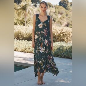 NWT Anthropologie Studded Harness Midi Dress in Green Floral, size XL